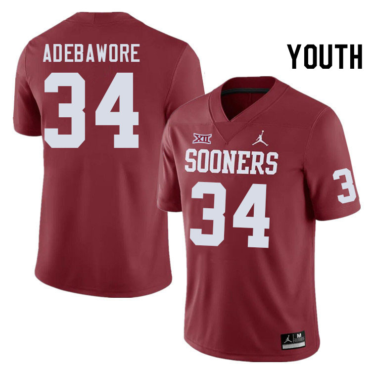 Youth #34 Adepoju Adebawore Oklahoma Sooners College Football Jerseys Stitched-Crimson